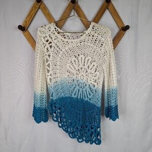 Vintage Crochet 70s Dip Dyed Asymmetrical Hem Long Sleeve Top Blouse